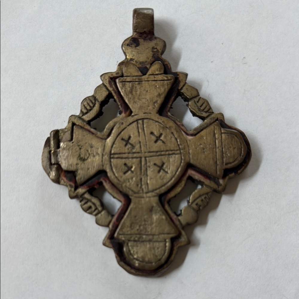 Vintage Ethiopian Metal Coptic Crucifix Pendant with Hand-Painted Design 3.5”